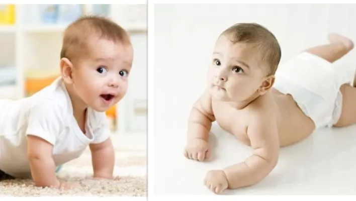 Left side baby is crawling and the right side baby creeping 