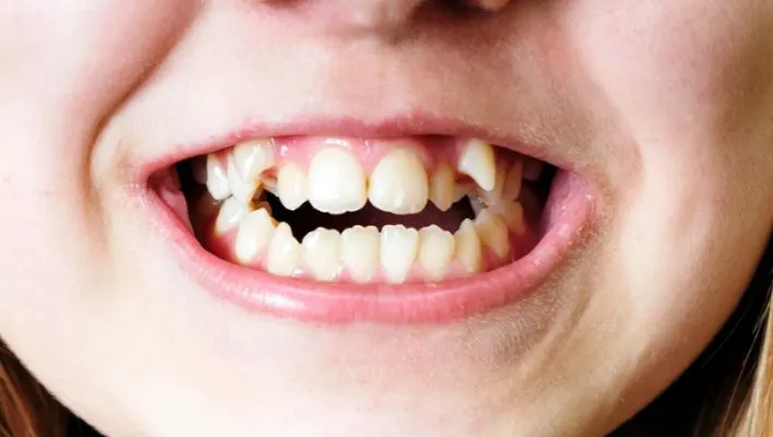 Close-up image of a child's crooked baby teeth, highlighting dental misalignment.